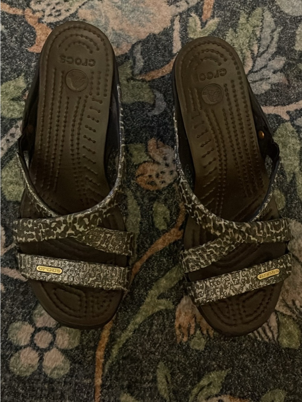 CROCS Brown and Cream Patterned Slide Sandals - Picture 3 of 6